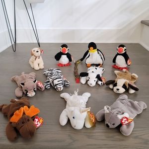 Ty Beanie baby lot of 12 All with hang tags minus the snake. Dog penguin puffin
